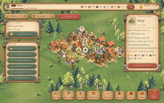 Your town on the frontier, its buildings and heroes